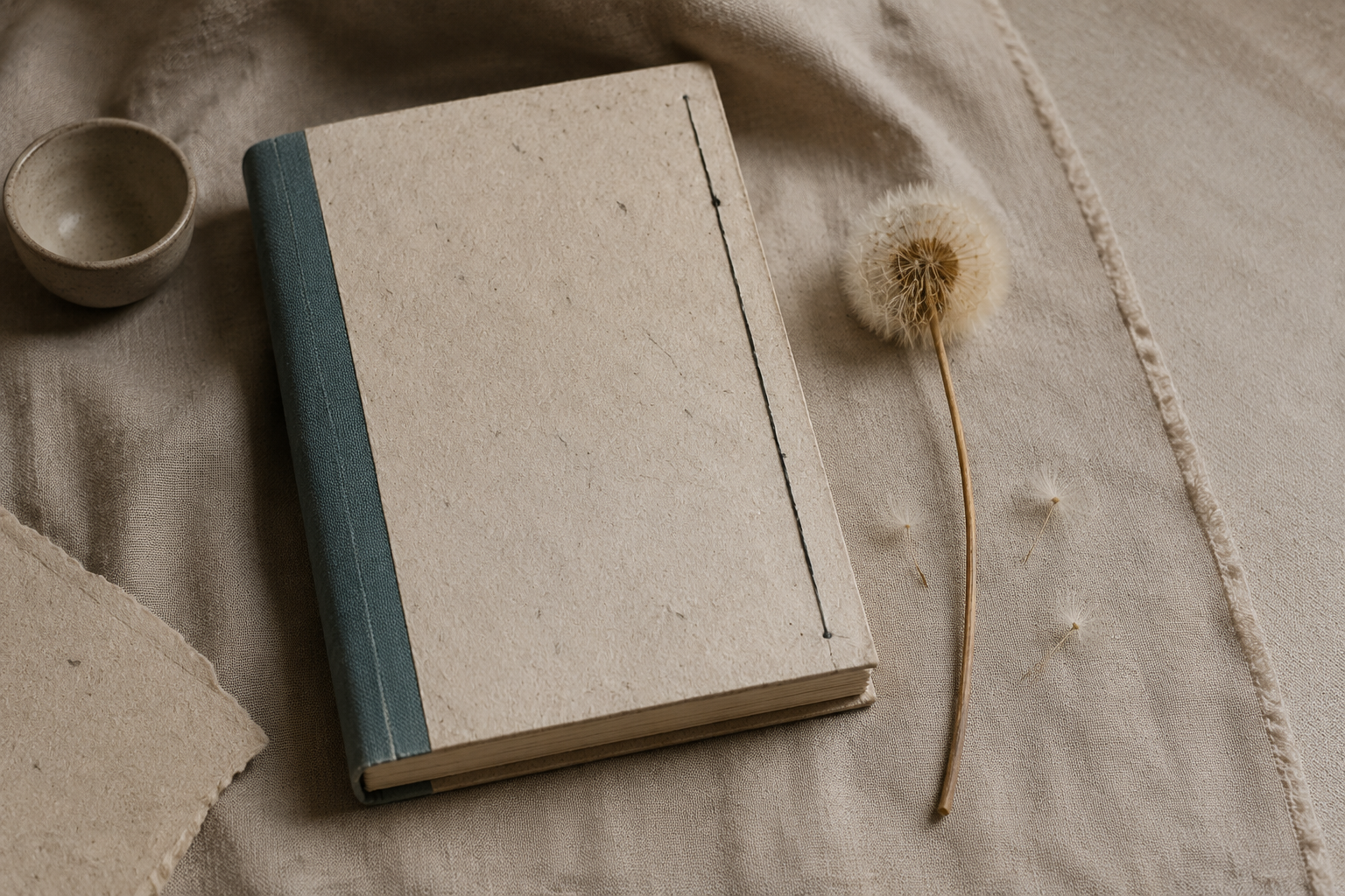 A handmade natural-fibre journal beside a dandelion