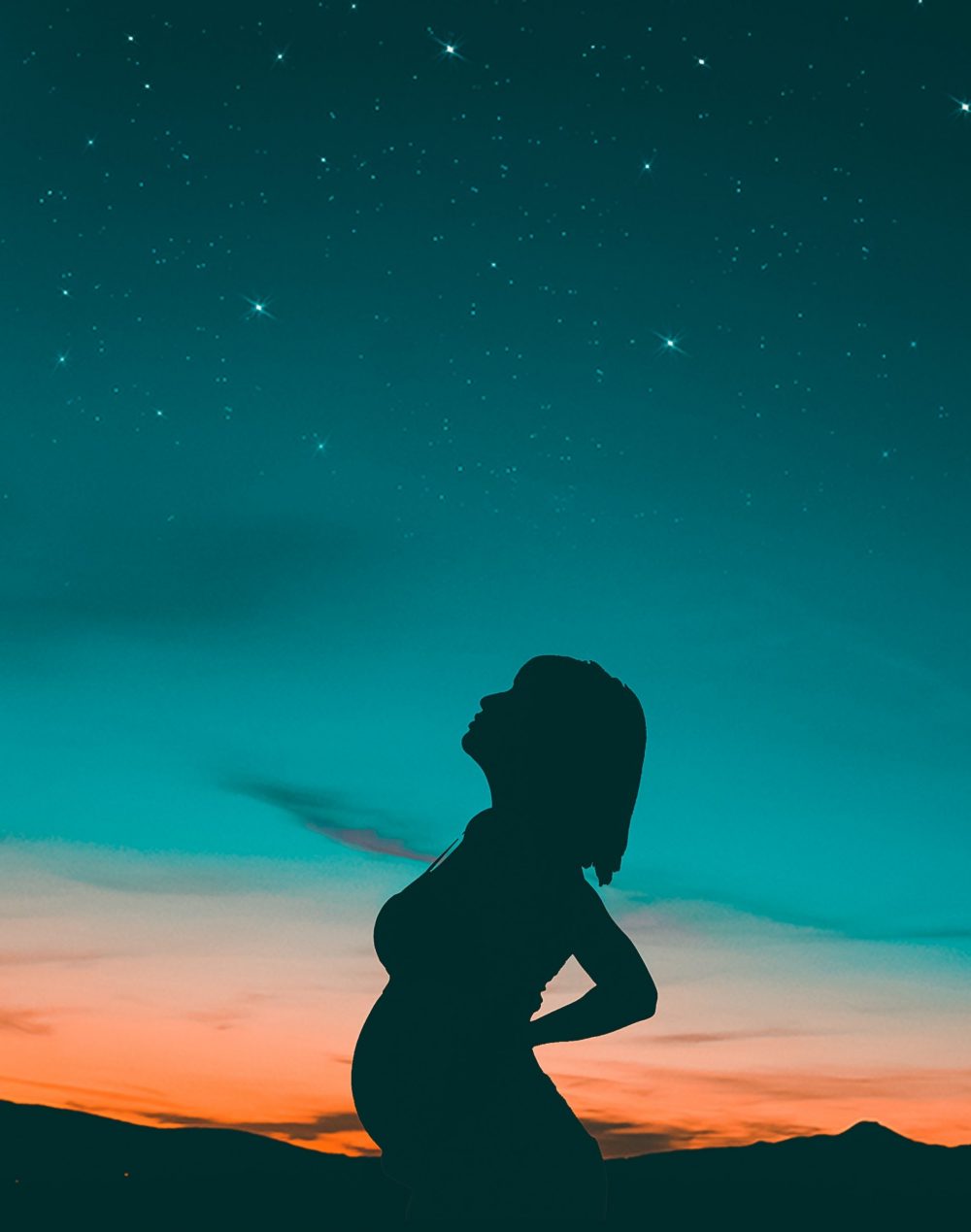 Pregnant woman silhouette at twilight